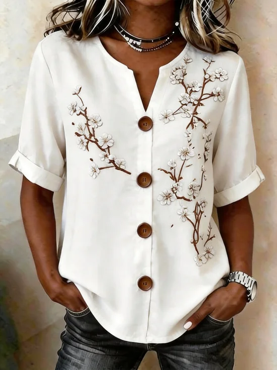 White Plum Blossom Floral Print Short Sleeve V Neck Button Down Blouse