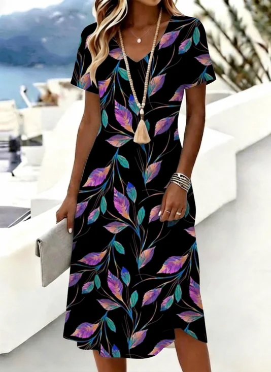 Black Multicolor Leaf Print Tummy Coverage Short Sleeve V Neck Midi Dress