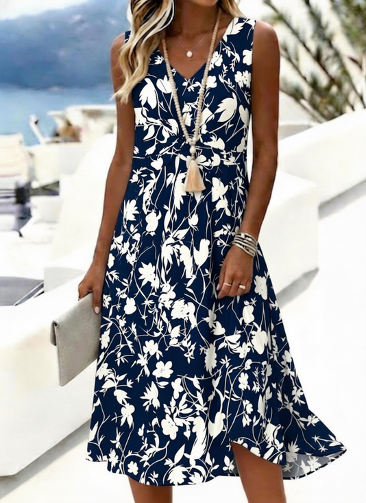 Navy White Floral Print Tummy Coverage Sleeveless V Neck Midi Dress