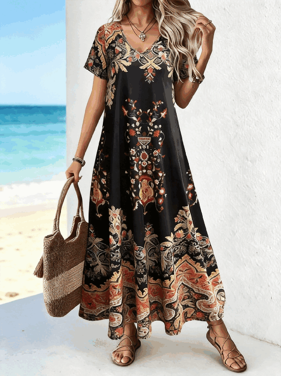 Regular Fit Ethnic V Neck Boho Dress With No