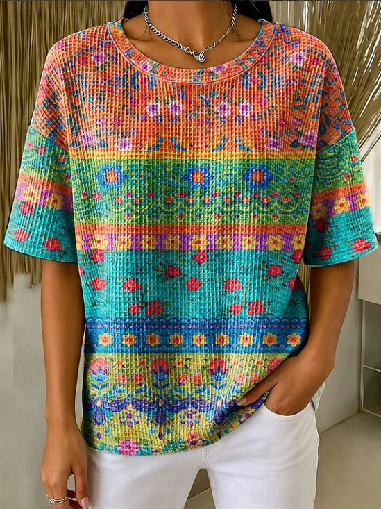 Women's Waffle Short Sleeve T-shirt Summer As Picture Floral Printing Crew Neck Daily Going Out Casual Top