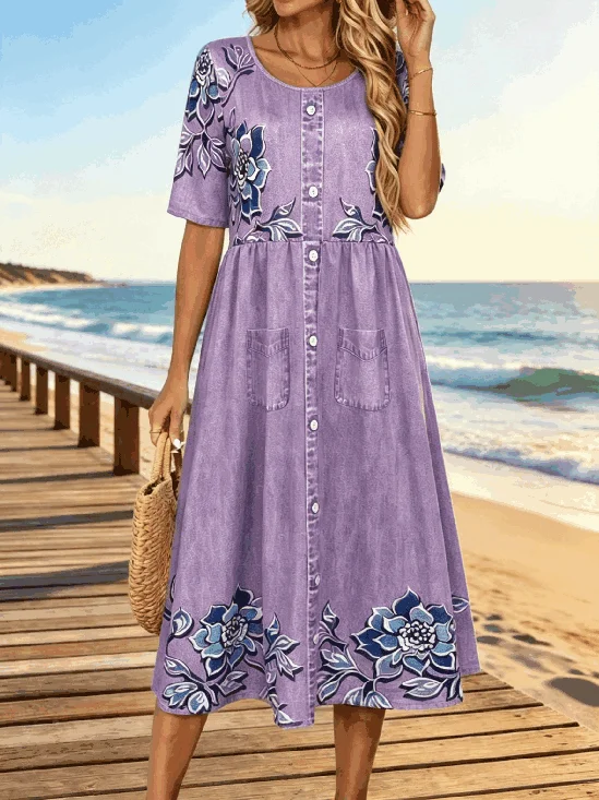 Crew Neck Loose Floral Vacation Dress With No