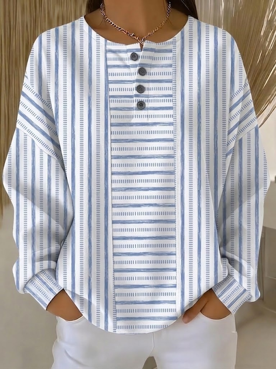 Blue White Stripe Print Henley Neck Long Sleeve Casual Sweatshirt