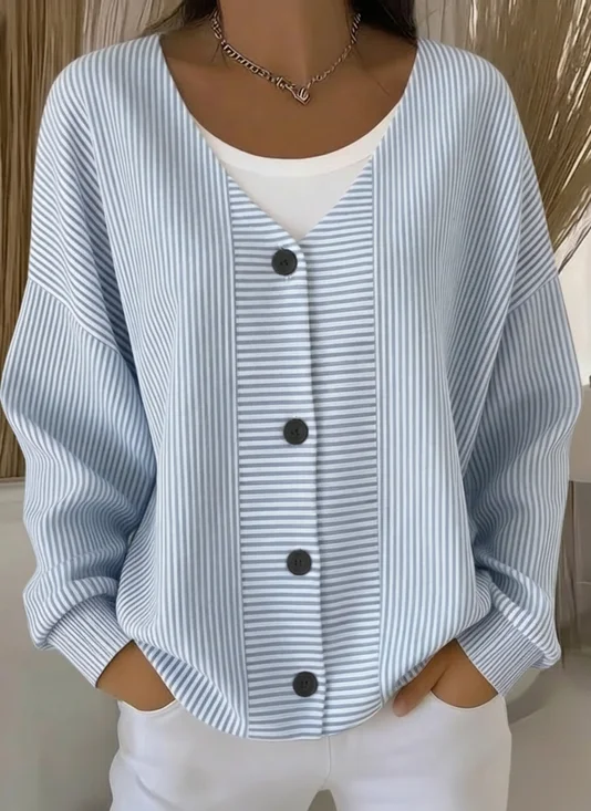 Striped V Neck Simple Cardigan