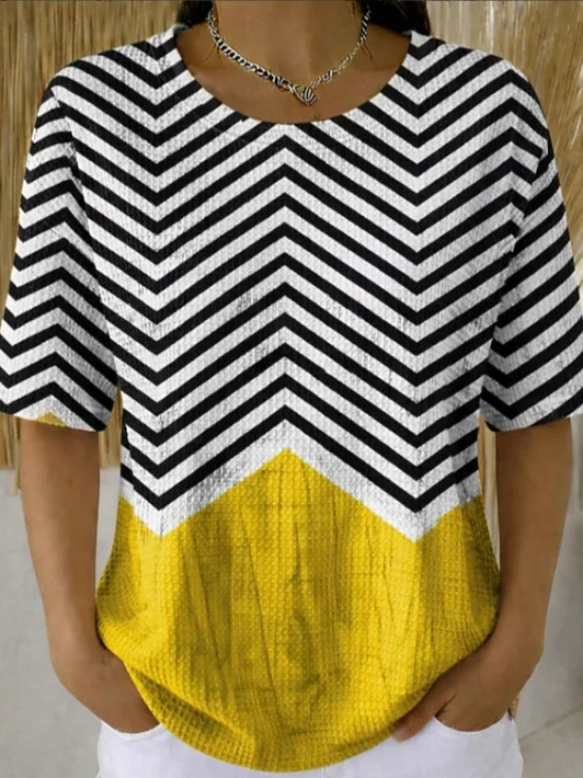 Women's Waffle Short Sleeve T-shirt Summer Black Striped Printing Crew Neck Daily Going Out Casual Top
