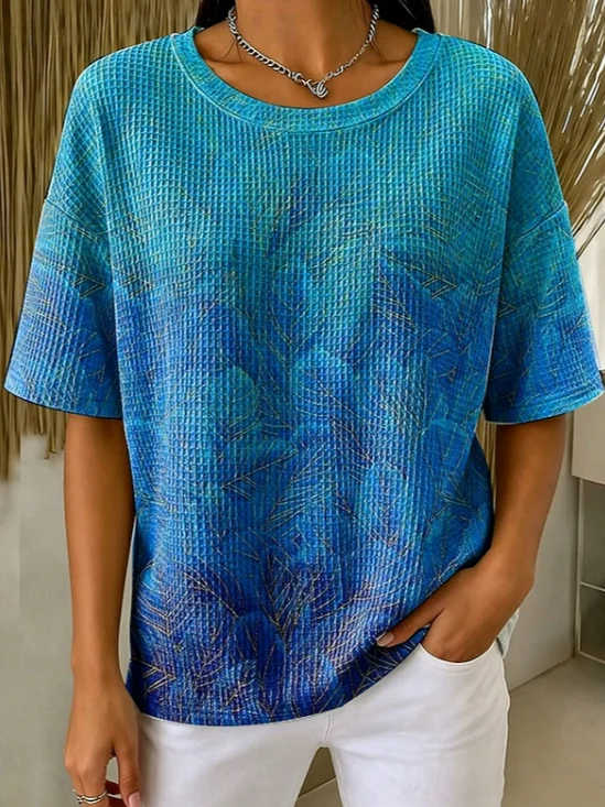Women's Waffle Short Sleeve T-shirt Summer Blue Abstract Printing Crew Neck Daily Going Out Casual Top