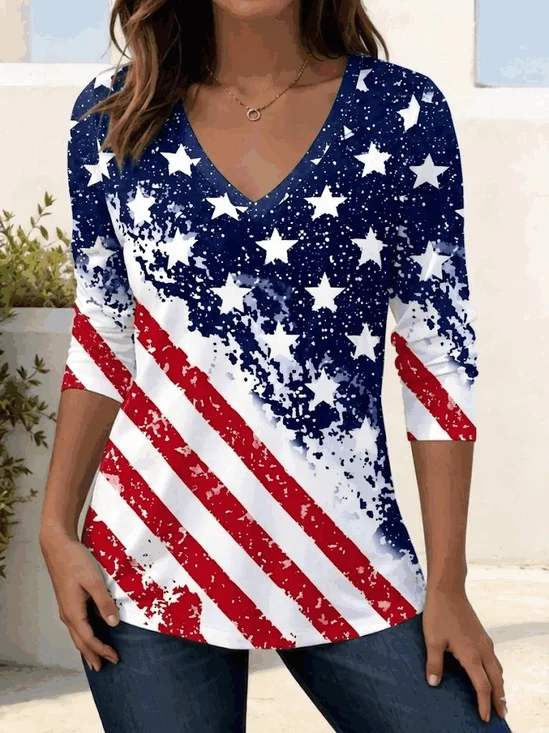 V Neck Casual Independence Day T-Shirt