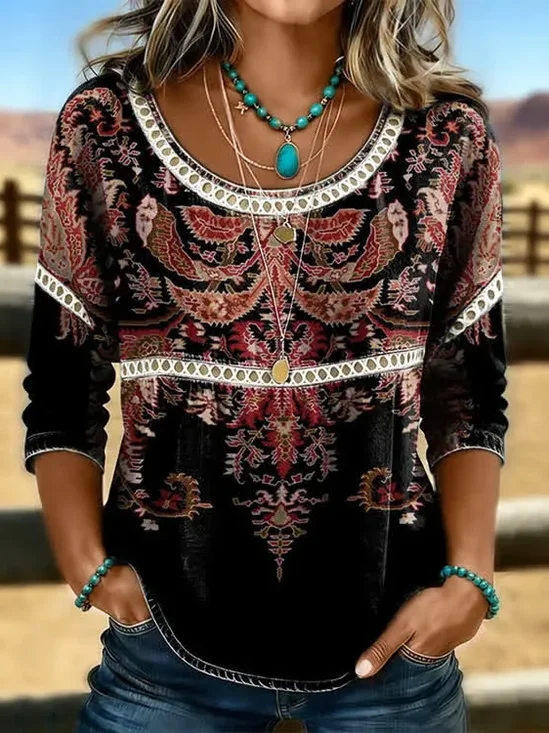 Women's Half Sleeve Blouse Summer Black Ethnic Printing Crew Neck Daily Going Out Casual Top