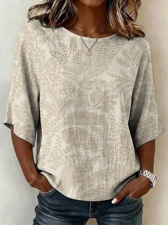 Women's Half Sleeve Blouse Summer Light Khaki Leaf Printing Crew Neck Daily Going Out Vintage Top