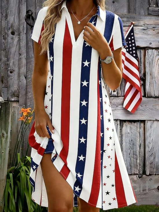 Women's Short Sleeve Summer White Independence Day (Flag) Printing Shawl Collar Daily Going Out Casual Knee Length A-Line Dress