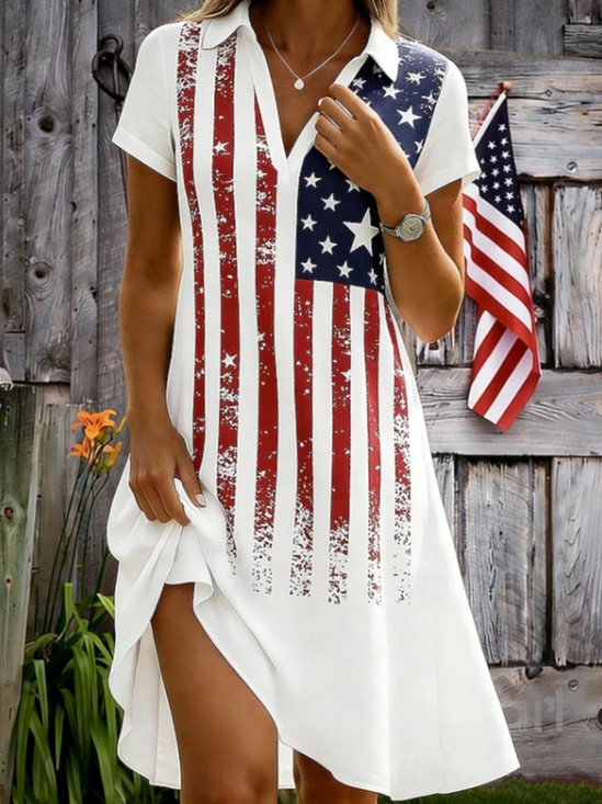 Women's Short Sleeve Summer White Independence Day (Flag) Printing Shawl Collar Daily Going Out Casual Knee Length A-Line Dress