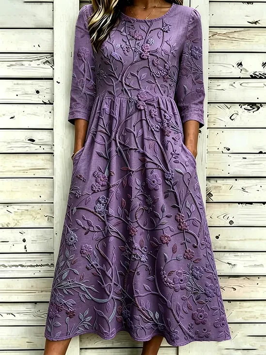 Women's Half Sleeve Summer Purple Floral Printing Crew Neck Daily Going Out Casual Maxi H-Line Dress