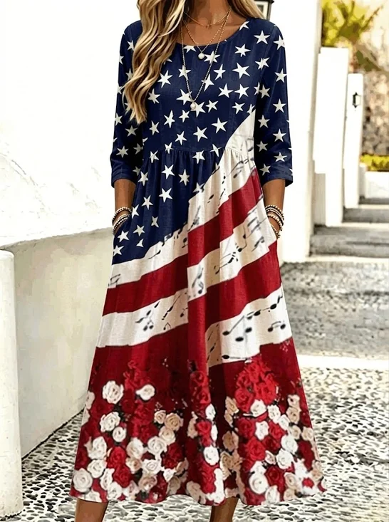 Crew Neck Independence Day Casual Dress With No