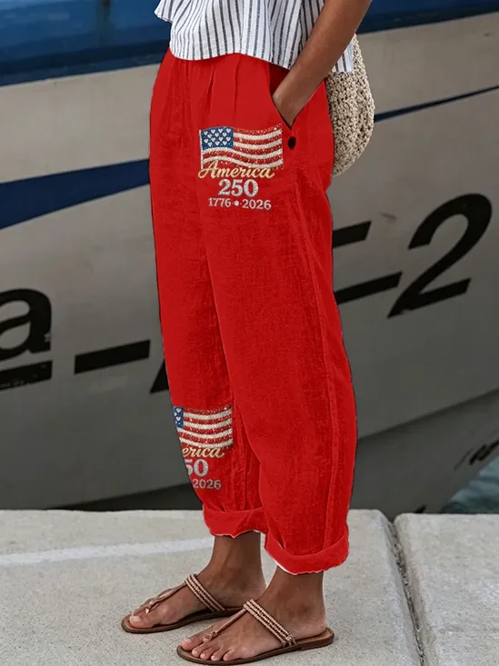 Women's  H-Line Baggy Pants Daily Going Out Pants Red Casual Printing Independence Day (Flag) Spring/Fall Pants