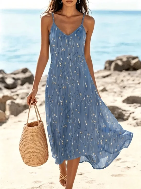 Spaghetti Regular Fit Leaf Vacation Dress With No