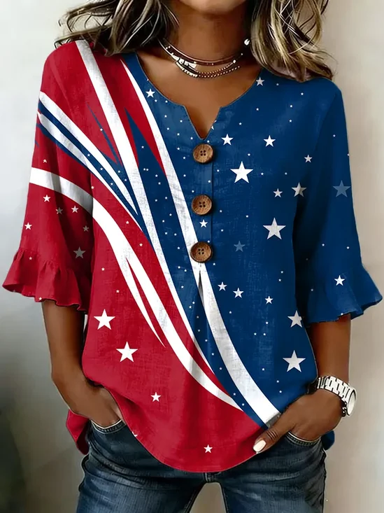 Women's Half Sleeve Blouse Summer As Picture Independence Day (Flag) Printing V Neck Daily Going Out Vintage Top