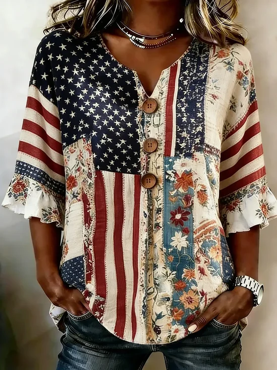 Women's Half Sleeve Blouse Summer As Picture Independence Day (Flag) Printing V Neck Daily Going Out Vintage Top