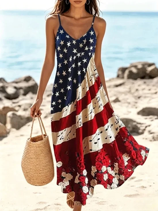 America Flag Casual Spaghetti Dress With No
