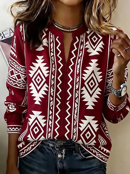 Women's Long Sleeve Blouse Spring/Fall Red Abstract Printing V Neck Daily Going Out Vintage Top