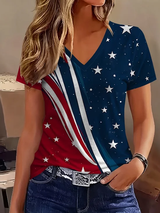 Women's Short Sleeve T-shirt Summer As Picture Independence Day (Flag) Printing V Neck Holiday Going Out Vintage Top
