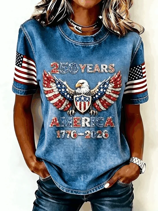 Independence Day Crew Neck Casual Cotton-Blend T-Shirt