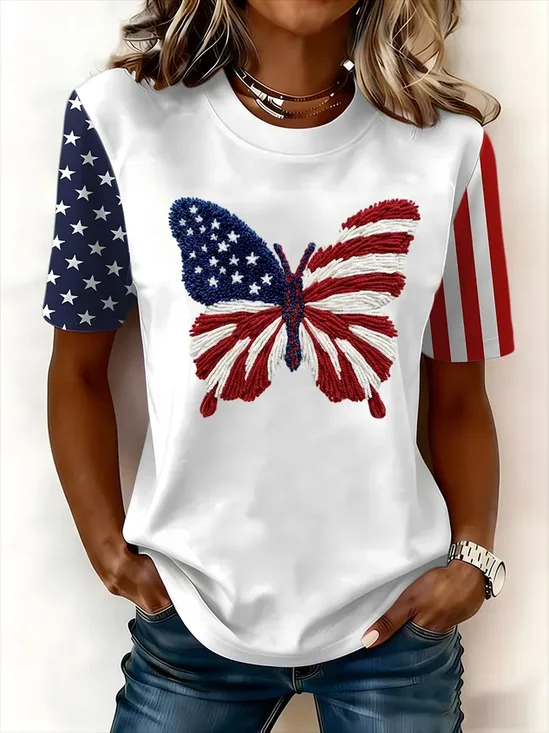 Women's Short Sleeve T-shirt Summer White Independence Day (Flag) Printing Jersey Crew Neck Daily Going Out Casual Top