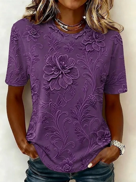Women's Short Sleeve T-shirt Summer Purple Floral Printing Jersey Crew Neck Daily Going Out Casual Top