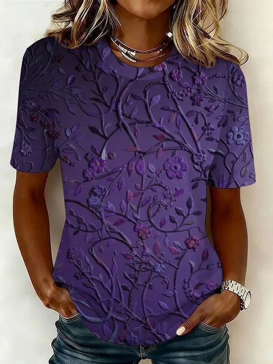 Women's Short Sleeve T-shirt Summer Purple Floral Printing Jersey Crew Neck Daily Going Out Casual Top