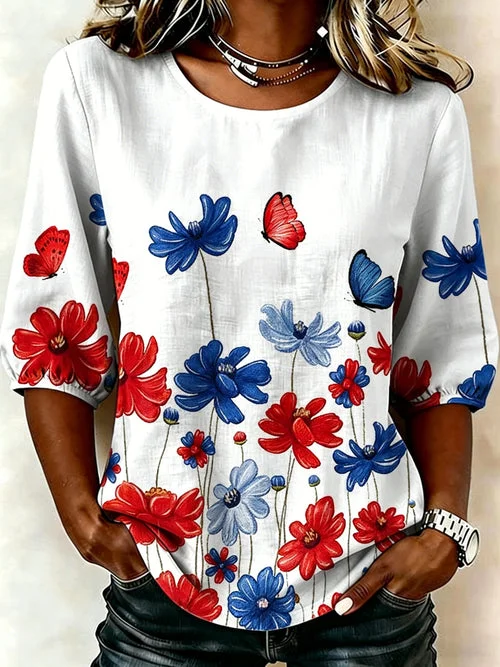 Women's Half Sleeve Blouse Summer White Independence Day (Flag) Printing Crew Neck Daily Going Out Vintage Top