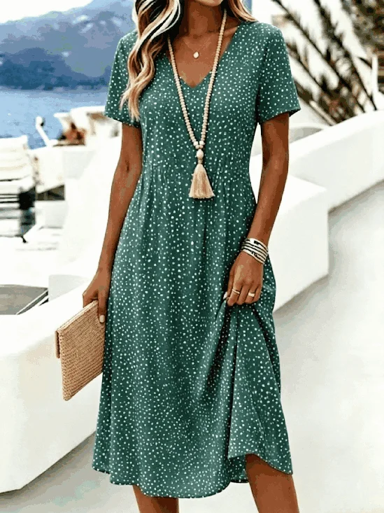 Vacation Polka Dots V Neck Regular Fit Dress With No