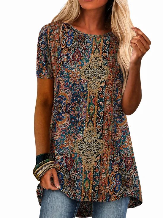 Crew Neck Loose Vintage Abstract Graphic T-Shirt