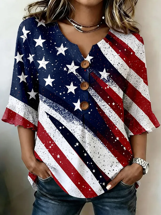 Women's Half Sleeve Blouse Summer As Picture Independence Day (Flag) Printing V Neck Daily Going Out Vintage Top