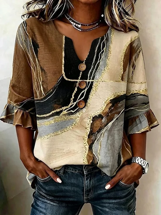 Women's Half Sleeve Blouse Summer Brown Abstract Printing V Neck Daily Going Out Vintage Top