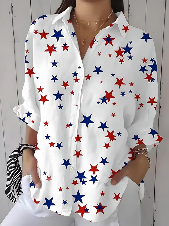 Women's Three Quarter Sleeve Shirt Spring/Fall White Independence Day (Flag) Printing Shirt Collar Daily Going Out Casual Top