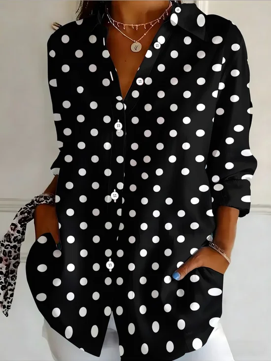 Women's Long Sleeve Shirt Spring/Fall Black Polka Dots Buckle Shirt Collar Regular Sleeve Daily Going Out Casual Top