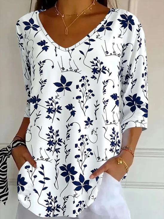 Women's Three Quarter Sleeve T-shirt Spring/Fall White Floral Printing V Neck Daily Going Out Casual Top