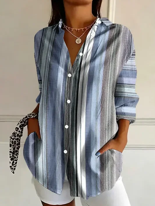 Women's Long Sleeve Shirt Spring/Fall Blue Striped Buckle Shirt Collar Regular Sleeve Daily Going Out Casual Top