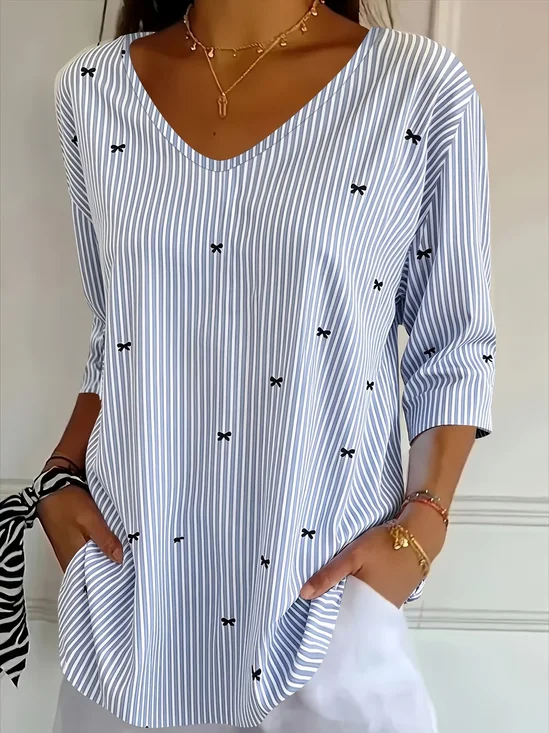 Women's Three Quarter Sleeve T-shirt Spring/Fall Blue Striped Printing V Neck Daily Going Out Casual Top