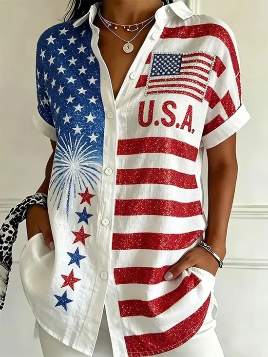Women's Short Sleeve Shirt Summer White Independence Day (Flag) Printing Shirt Collar Daily Going Out Casual Top