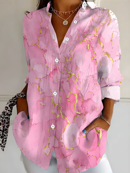 Women's Long Sleeve Shirt Spring/Fall Pink Abstract Buckle Shirt Collar Regular Sleeve Daily Going Out Casual Top