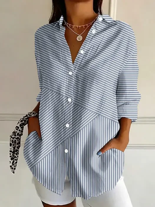 Women's Long Sleeve Shirt Spring/Fall Blue Striped Buckle Shirt Collar Regular Sleeve Daily Going Out Casual Top