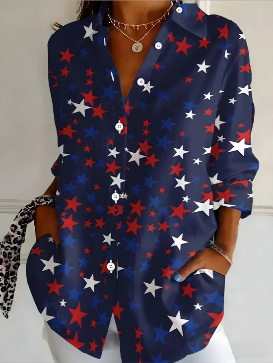 Women's Long Sleeve Shirt Spring/Fall Navyblue Independence Day (Flag) Buckle Shirt Collar Regular Sleeve Daily Going Out Casual Top