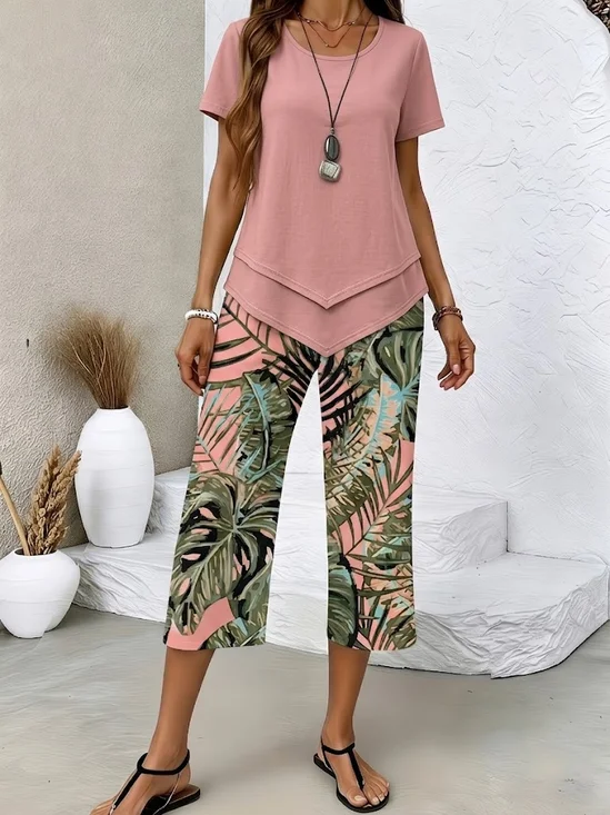 Women's Printing Plants Daily Going Out Two-Piece Set Pink Casual Summer Top With Pants Matching Set