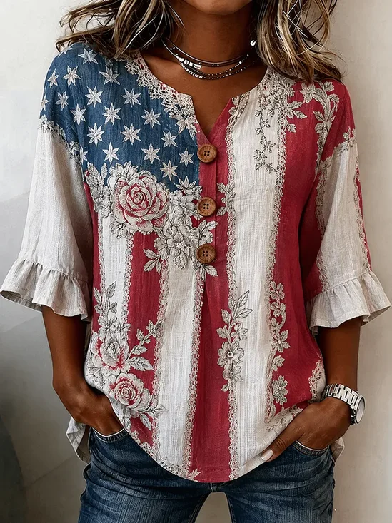 Women's Half Sleeve Blouse Summer As Picture Independence Day (Flag) Printing V Neck Daily Going Out Vintage Top