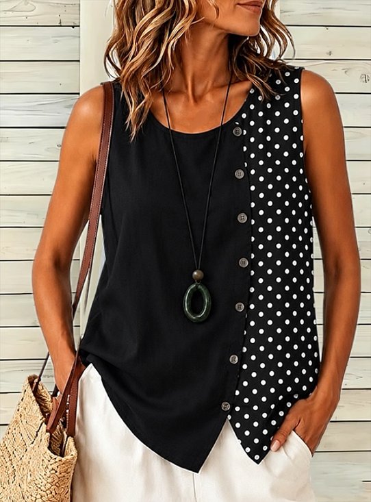 Casual Regular Fit Polka Dots Crew Neck Tank Top