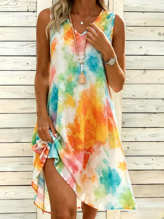 V Neck Vacation Loose Dress With No