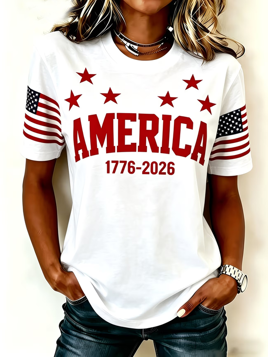 Women's Short Sleeve T-shirt Summer White Independence Day (Flag) Printing Jersey Crew Neck Daily Going Out Casual Top