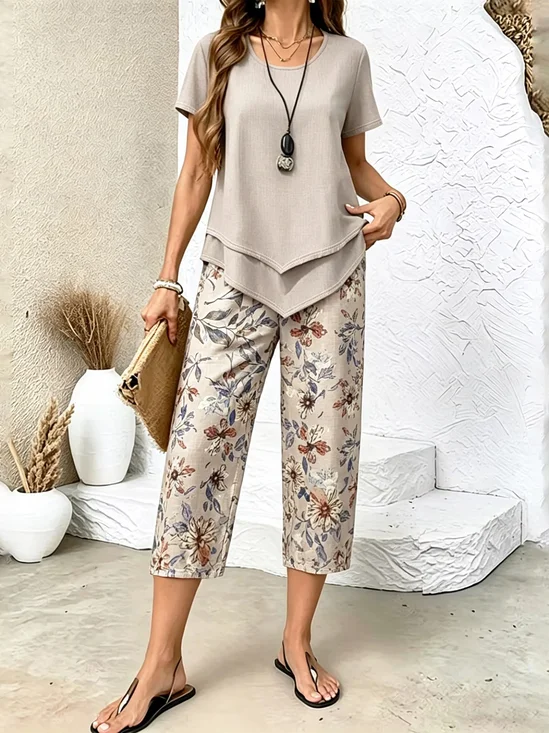 Women's Printing Floral Daily Going Out Two-Piece Set Khaki Casual Summer Top With Pants Matching Set