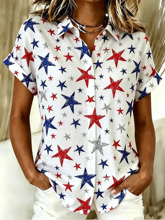 Women's Short Sleeve Shirt Summer White Independence Day (Flag) Printing Shirt Collar Daily Going Out Casual Top