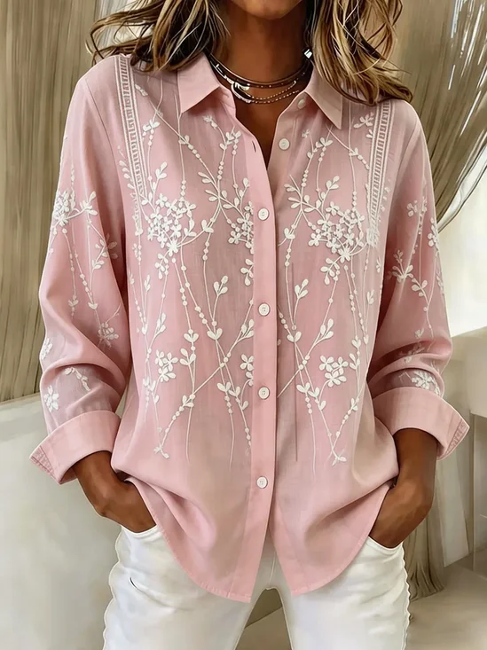 Women's Long Sleeve Shirt Spring/Fall Pink Leaf Buckle Shirt Collar Regular Sleeve Daily Going Out Casual Top